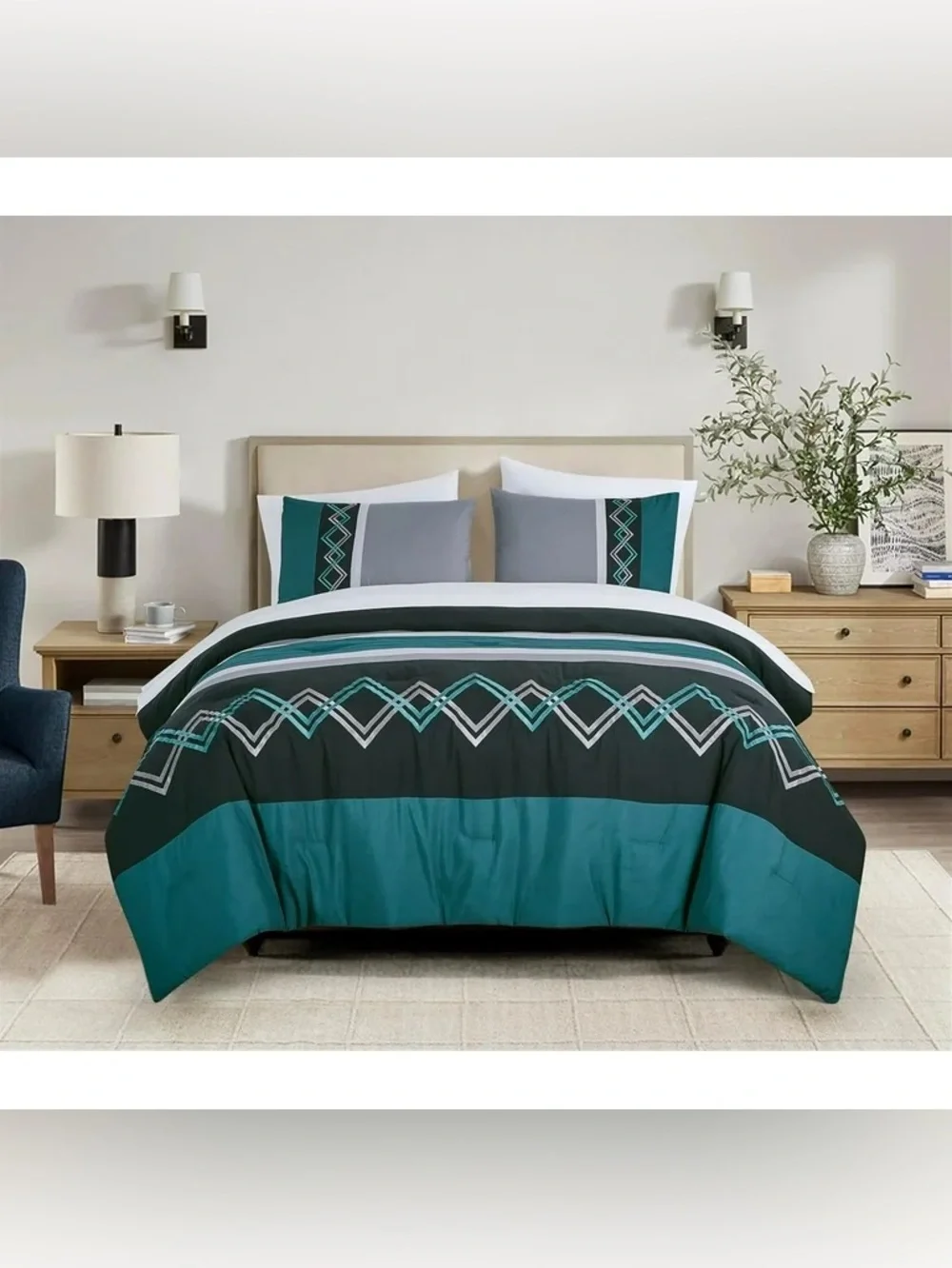 Teal and Gray Geometric Queen 3 piece Comforter Set - Modern Home Bedding